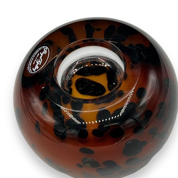 Hand Blown Poland ART GLASS Candle Holder Tea Light Brown Black Spots Large - Picture 3 of 8